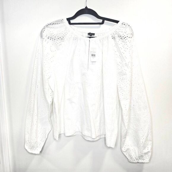 Ann Taylor Eyelet Top Women's Large White Long Raglan Sleeve Popover Blouse - Picture 5 of 11